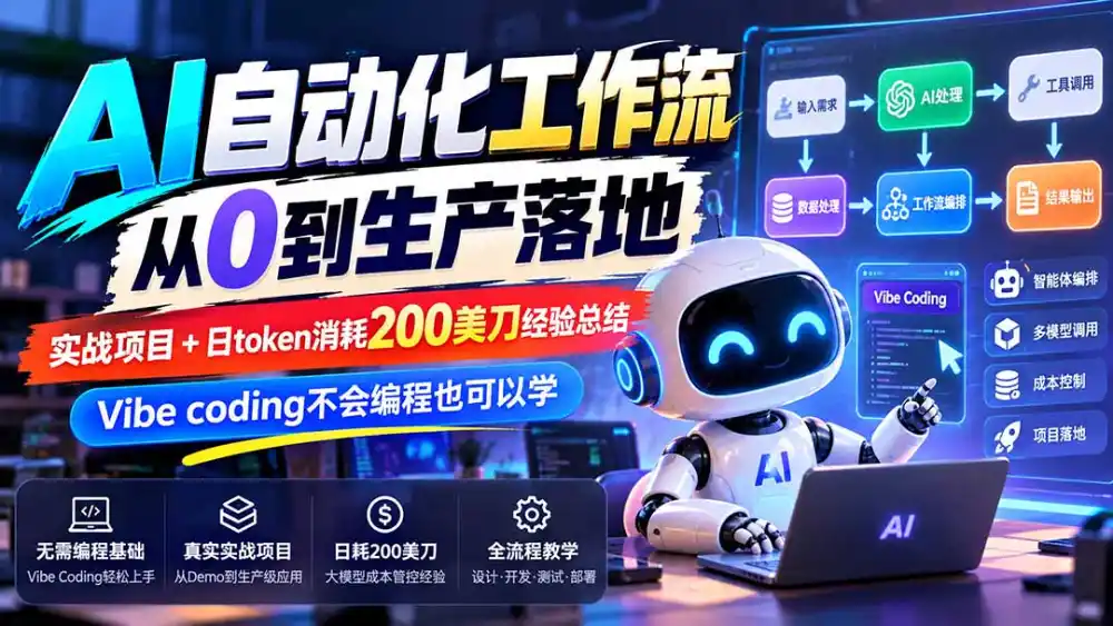 【无水印】AI自动化工作流从0到生产落地，实战项目+日token消耗200美刀经验总结，Vibe coding不会编程也可以学-资源联盟