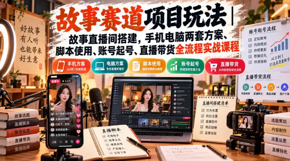 故事赛道项目玩法｜故事直播间搭建，手机电脑两套方案、脚本使用、账号起号、直播带货全流程实战课程-资源联盟