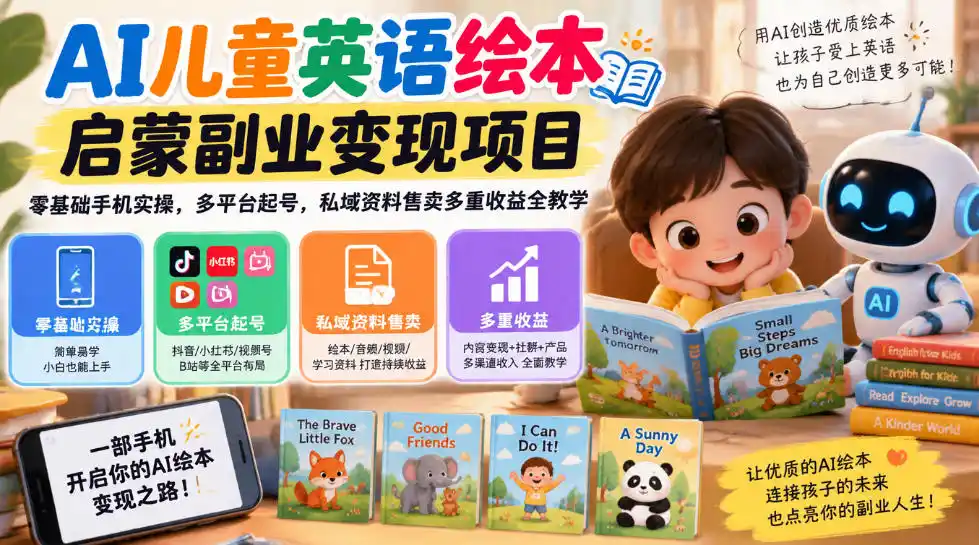 AI儿童英语绘本启蒙副业变现项目，零基础手机实操，多平台起号，私域资料售卖多重收益全教学-资源联盟
