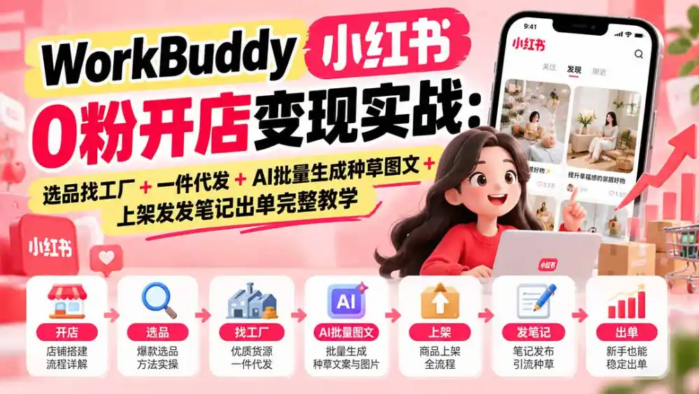 WorkBuddy小红书0粉开店变现实战：选品找工厂+一件代发+AI批量生成种草图文+上架发发笔记出单完整教学-资源联盟