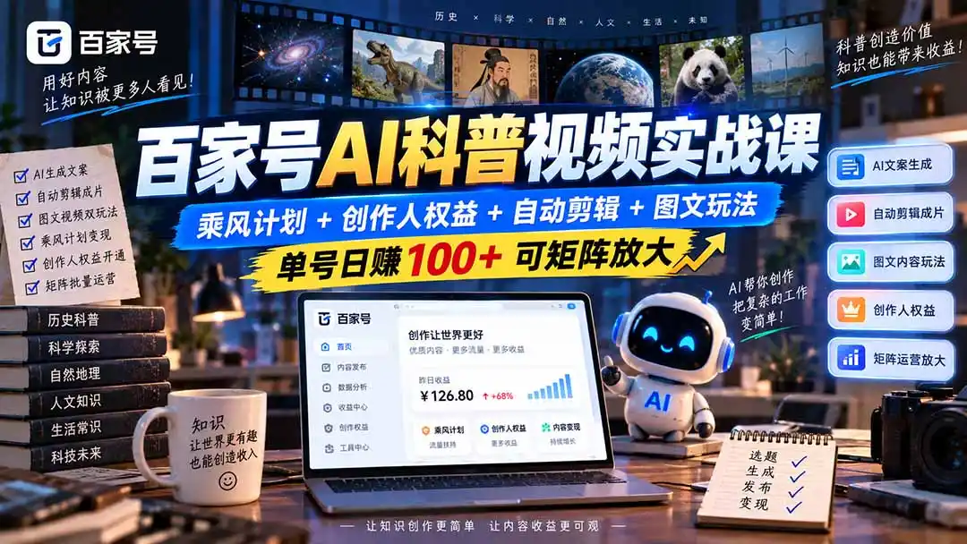 百家号AI科普视频实战课：乘风计划+创作人权益+自动剪辑+图文玩法，单号日赚100+可矩阵放大-资源联盟