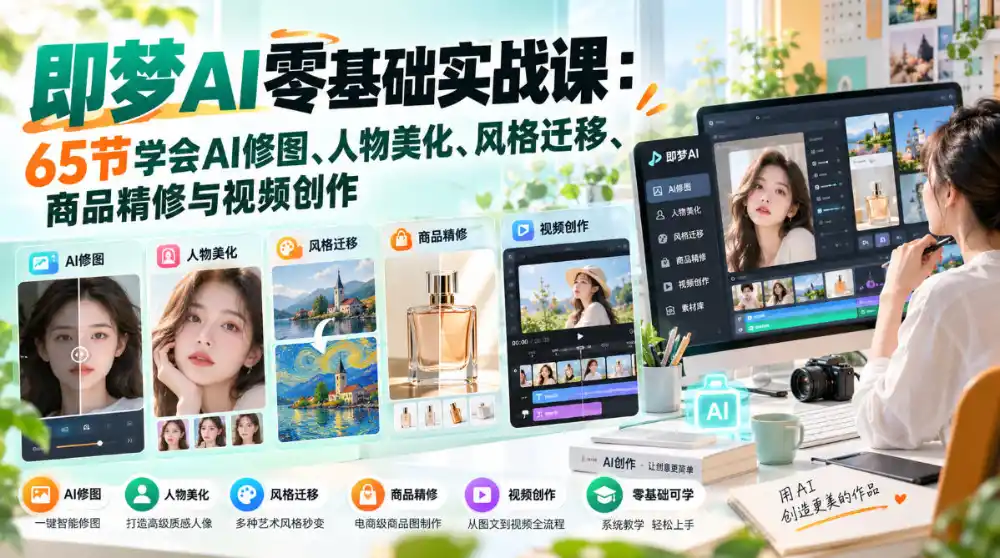 即梦AI零基础实战课：65节学会AI修图、人物美化、风格迁移、商品精修与视频创作-资源联盟
