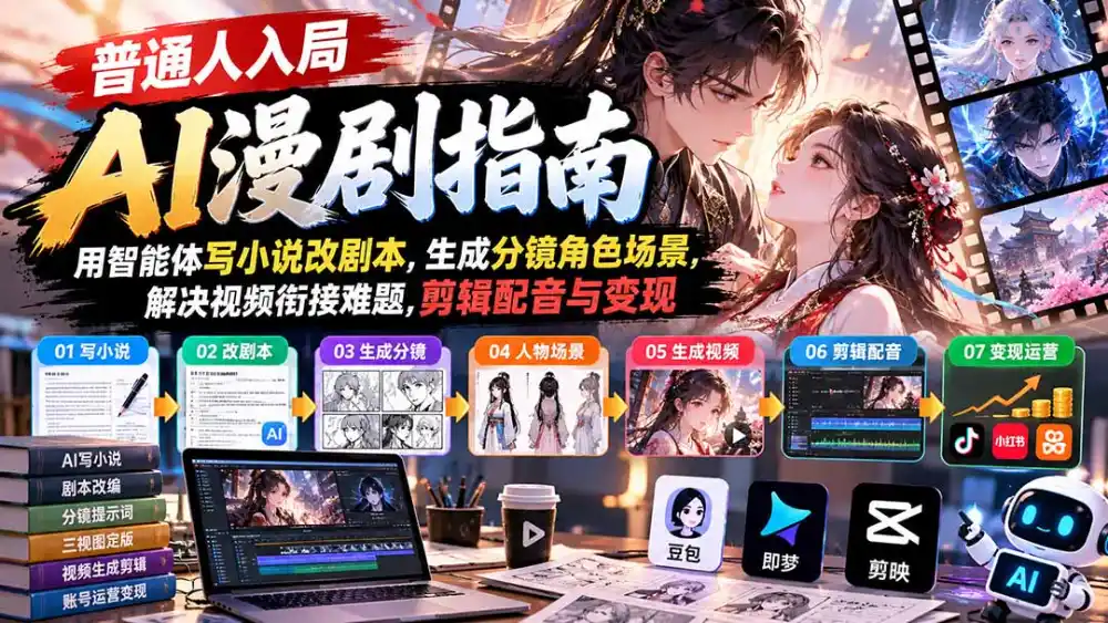 【无水印】普通人入局AI漫剧指南：用智能体写小说改剧本，生成分镜角色场景，解决视频衔接难题，剪辑配音与变现-资源联盟