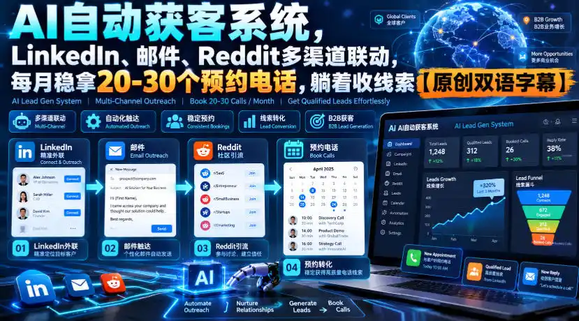 【无水印】AI自动获客系统，LinkedIn、邮件、Reddit多渠道联动，每月稳拿20-30个预约电话，躺着收线索【原创双语字幕】-资源联盟