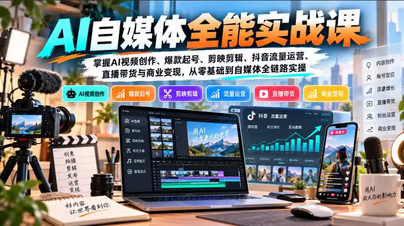 【无水印】AI自媒体全能实战课，掌握AI视频创作、爆款起号、剪映剪辑、抖音流量运营、直播带货与商业变现，从零基础到自媒体全链路实操-资源联盟