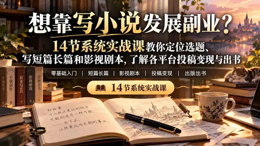 【无水印】想靠写小说发展副业？14节系统实战课教你定位选题、写短篇长篇和影视剧本，了解各平台投稿变现与出书-资源联盟