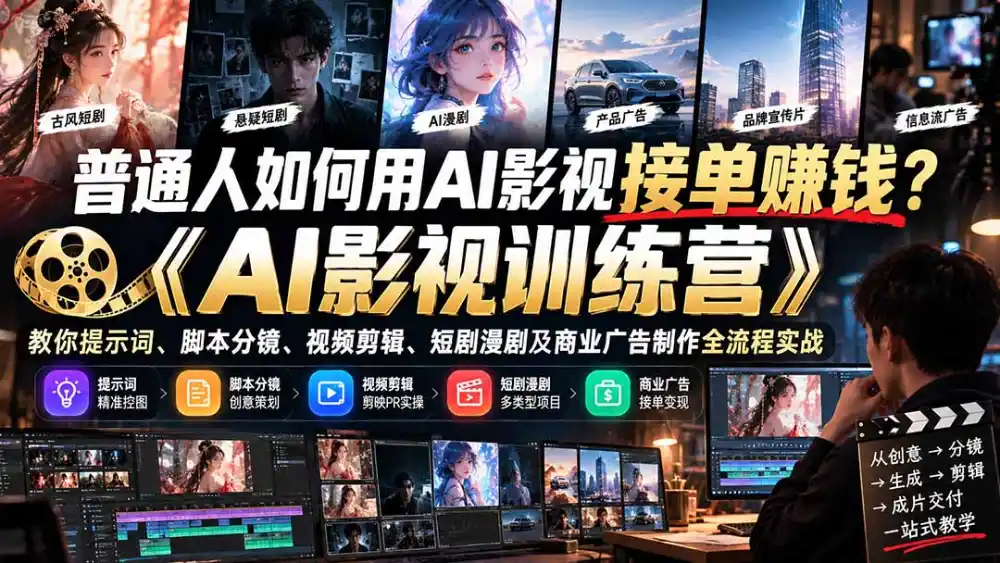 普通人如何用AI影视接单赚钱？《AI影视训练营》教你提示词、脚本分镜、视频剪辑、短剧漫剧及商业广告制作全流程实战-资源联盟