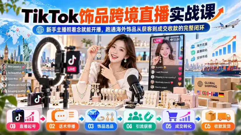 TikTok饰品跨境直播实战课，新手主播照着念就能开播，跑通海外饰品从获客到成交收款的完整闭环-资源联盟