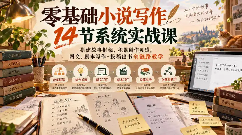 零基础小说写作14节系统实战课，搭建故事框架，积累创作灵感，网文、剧本写作+投稿出书全链路教学-资源联盟