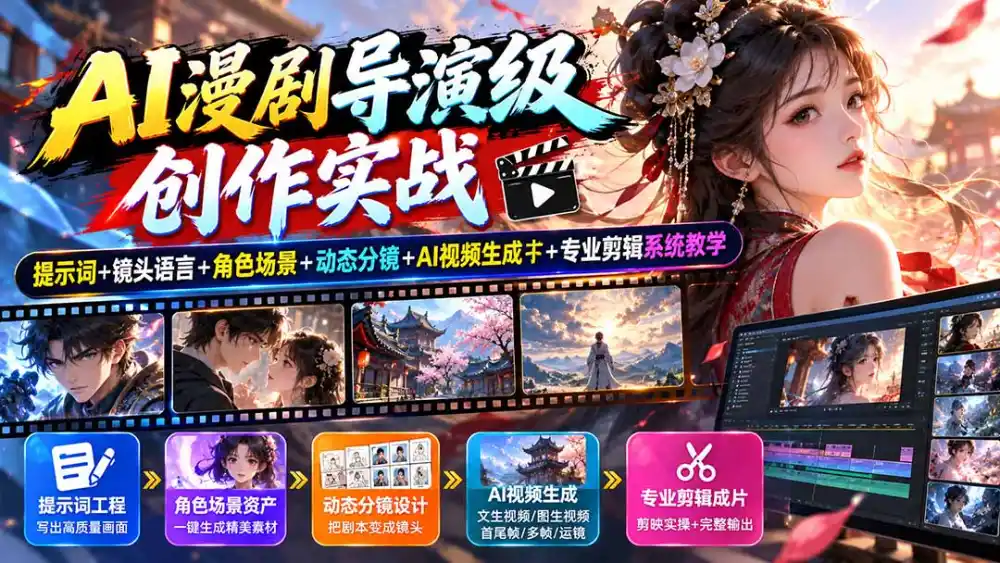 AI漫剧导演级创作实战：提示词+镜头语言+角色场景+动态分镜+AI视频生成+专业剪辑系统教学-资源联盟