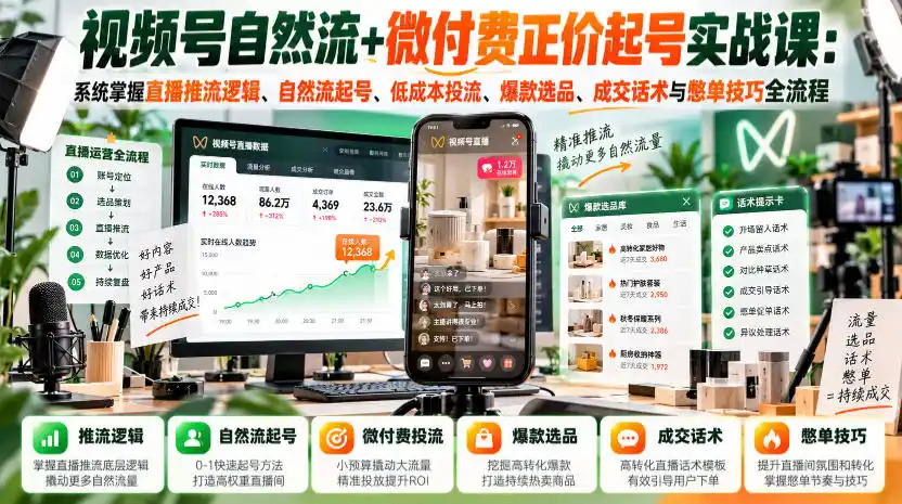 视频号自然流+微付费正价起号实战课：系统掌握直播推流逻辑、自然流起号、低成本投流、爆款选品、成交话术与憋单技巧全流程-资源联盟