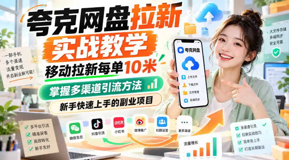 夸克网盘拉新实战教学，移动拉新每单10米，掌握多渠道引流方法，新手快速上手的副业项目-资源联盟