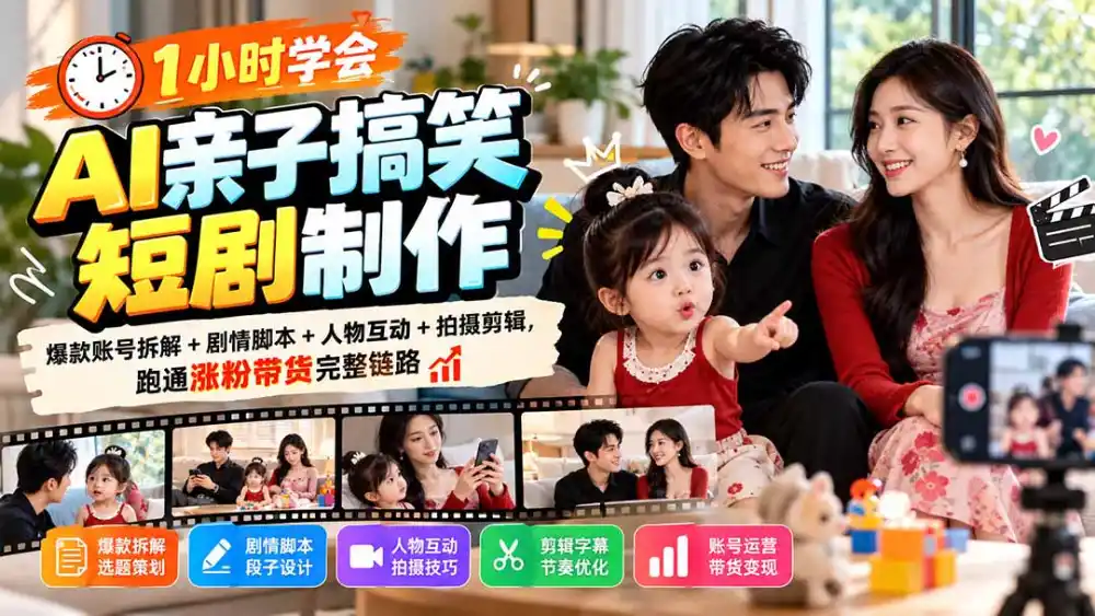 1小时学会AI亲子搞笑短剧制作：爆款账号拆解+剧情脚本+人物互动+拍摄剪辑，跑通涨粉带货完整链路-资源联盟