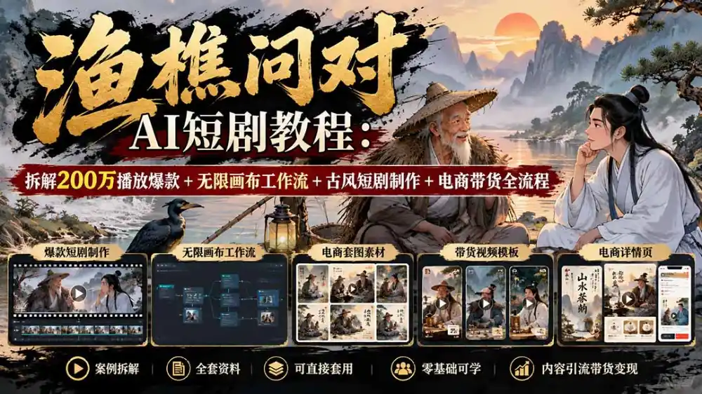 【无水印】渔樵问对AI短剧教程：拆解200万播放爆款+无限画布工作流+古风短剧制作+电商带货全流程-资源联盟