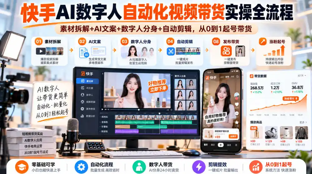 快手AI数字人自动化视频带货实操全流程｜素材拆解+AI文案+数字人分身+自动剪辑，从0到1起号带货(更新26年)-资源联盟
