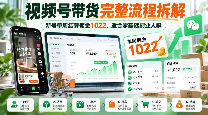 视频号带货完整流程拆解,新号单周结算佣金1022,适合零基础副业人群