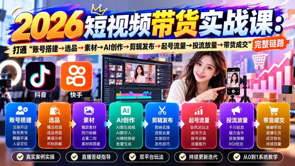 2026短视频带货实战课9月：打通“账号搭建→选品→素材→AI创作→剪辑发布→起号流量→投流放量→带货成交”完整链路-资源联盟