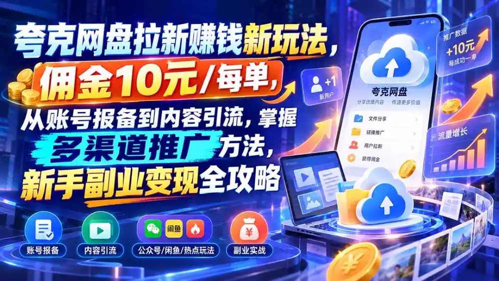 夸克网盘拉新赚钱新玩法，佣金10元/每单，从账号报备到内容引流，掌握多渠道推广方法，新手副业变现全攻略-资源联盟