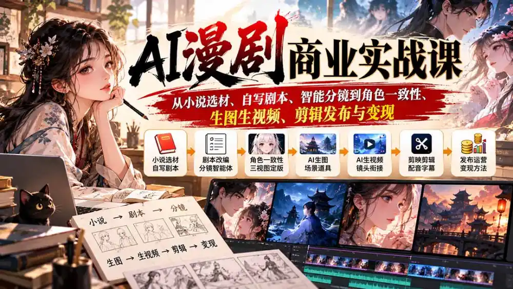 AI漫剧商业实战课：从小说选材、自写剧本、智能分镜到角色一致性、生图生视频、剪辑发布与变现-资源联盟