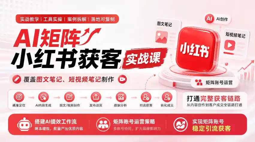 AI矩阵小红书获客实战课，覆盖图文笔记、短视频笔记制作，打通完整获客链路，搭建AI提效工作流，实现矩阵账号稳定引流获客-资源联盟