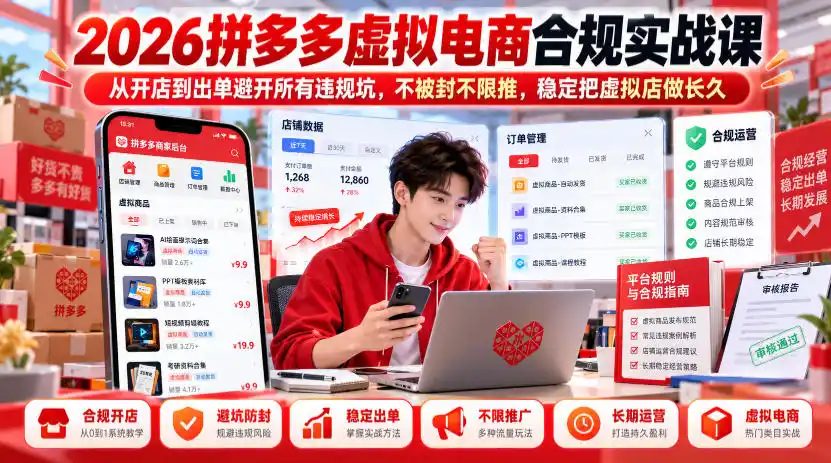 2026拼多多虚拟电商合规实战课，从开店到出单避开所有违规坑，不被封不限推，稳定把虚拟店做长久-资源联盟