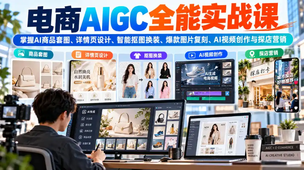 电商AIGC全能实战课：掌握AI商品套图、详情页设计、智能抠图换装、爆款图片复刻、AI视频创作与探店营销-资源联盟
