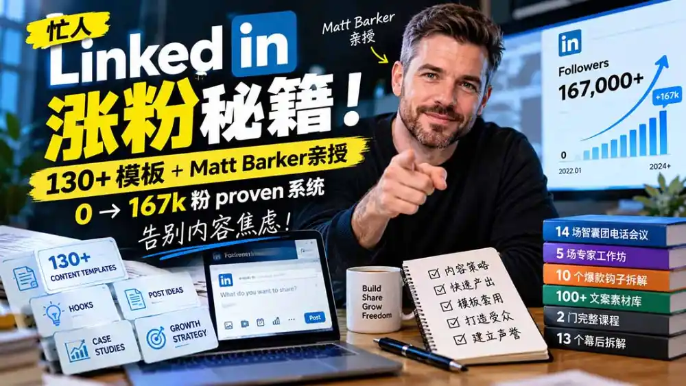 【无水印】忙人LinkedI 涨粉秘籍！130+模板+Matt Barker亲授：0→167k粉proven系统，告别内容焦虑【原创双语字幕】-资源联盟