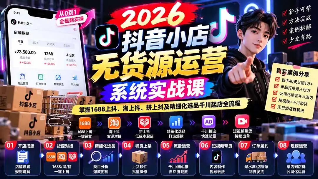 【无水印】2026抖音小店无货源运营系统实战课：掌握1688上抖、淘上抖、拼上抖及精细化选品千川起店全流程-资源联盟