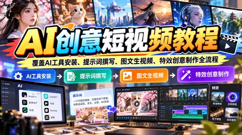 AI创意短视频教程，覆盖AI工具安装、提示词撰写、图文生视频、特效创意制作全流程-资源联盟