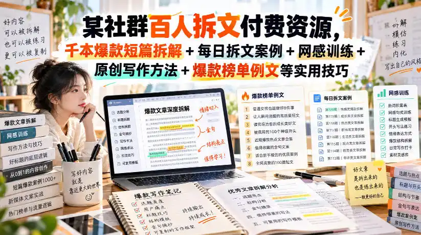 某社群百人拆文付费资源，千本爆款短篇拆解+每日拆文案例+网感训练+原创写作方法+爆款榜单例文等实用技巧(持续更新)-资源联盟