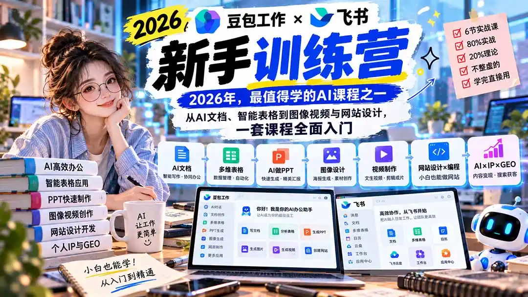 2026豆包工作+飞书新手训练营-9月新课：从AI文档、智能表格到图像视频与网站设计，一套课程全面入门-资源联盟