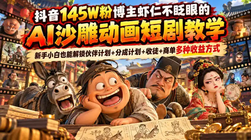 抖音145W粉博主虾仁不眨眼的AI沙雕动画短剧教学，新手小白也能解锁伙伴计划+分成计划+收徒+商单多种收益方式-资源联盟