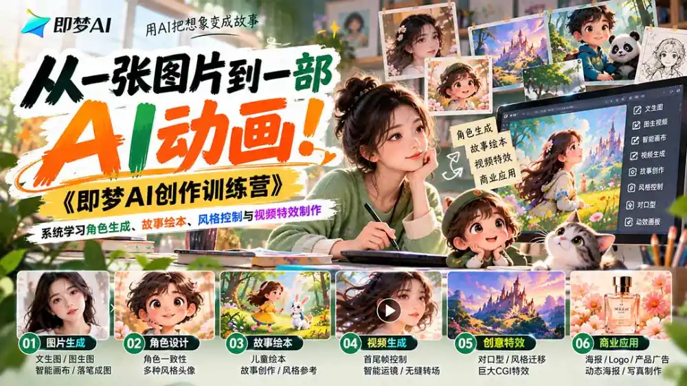 【无水印】从一张图片到一部AI动画！《即梦AI创作训练营》系统学习角色生成、故事绘本、风格控制与视频特效制作-资源联盟
