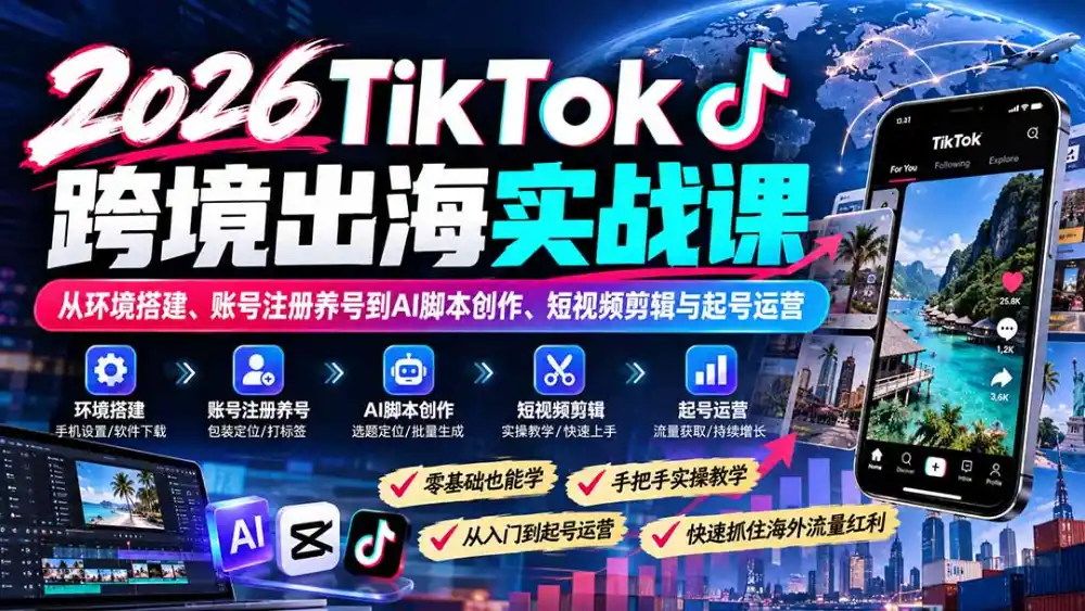 2026TikTok跨境出海实战课：从环境搭建、账号注册养号到AI脚本创作、短视频剪辑与起号运营-资源联盟