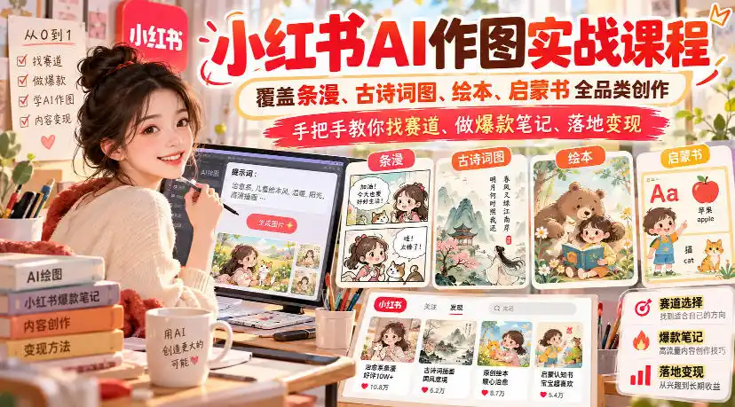 小红书AI作图实战课程，覆盖条漫、古诗词图、绘本、启蒙书全品类创作，手把手教你找赛道、做爆款笔记、落地变现-资源联盟