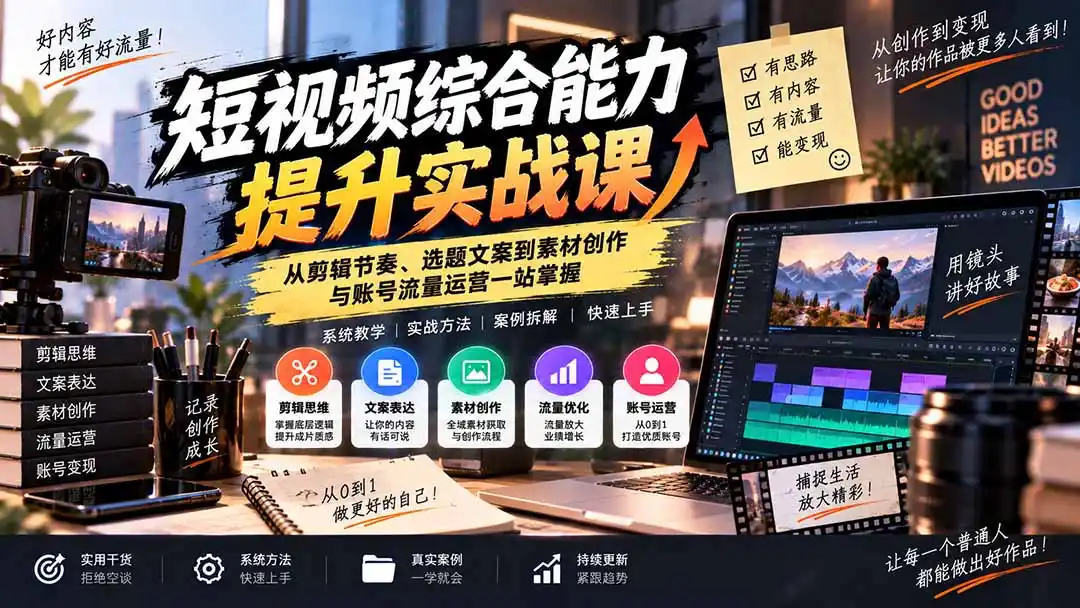 短视频综合能力提升实战课：从剪辑节奏、选题文案到素材创作与账号流量运营一站掌握-资源联盟