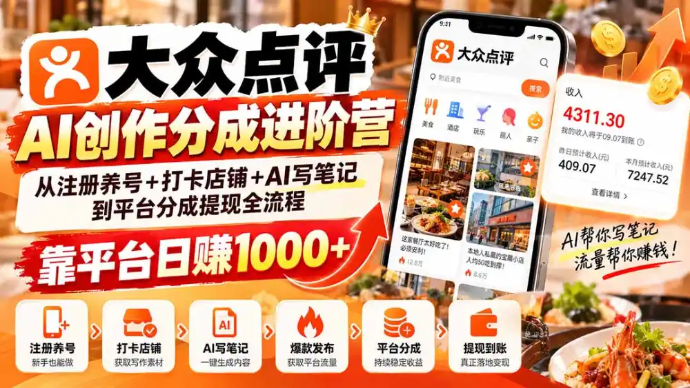 大众点评AI创作分成进阶营：从注册养号+打卡店铺+AI写笔记到平台分成提现全流程，靠平台日赚1000+-资源联盟