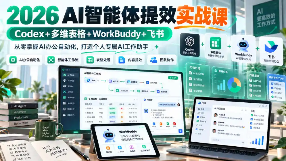 2026 AI智能体提效实战课：Codex+多维表格+WorkBuddy+飞书，从零掌握AI办公自动化，打造个人专属AI工作助手-资源联盟