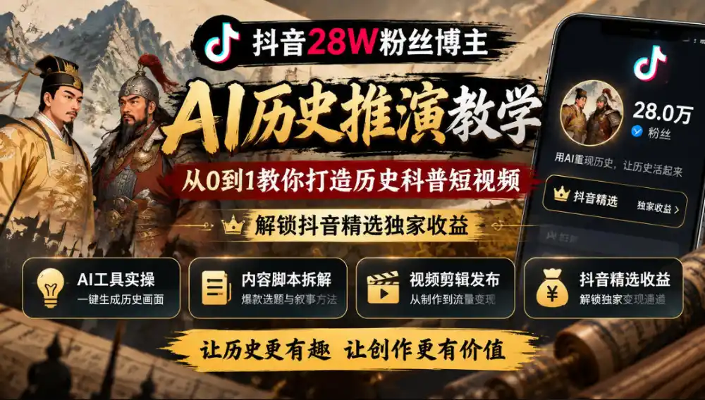 抖音28W粉丝博主的AI历史推演教学，从0到1教你打造历史科普短视频，解锁抖音精选独家收益-资源联盟