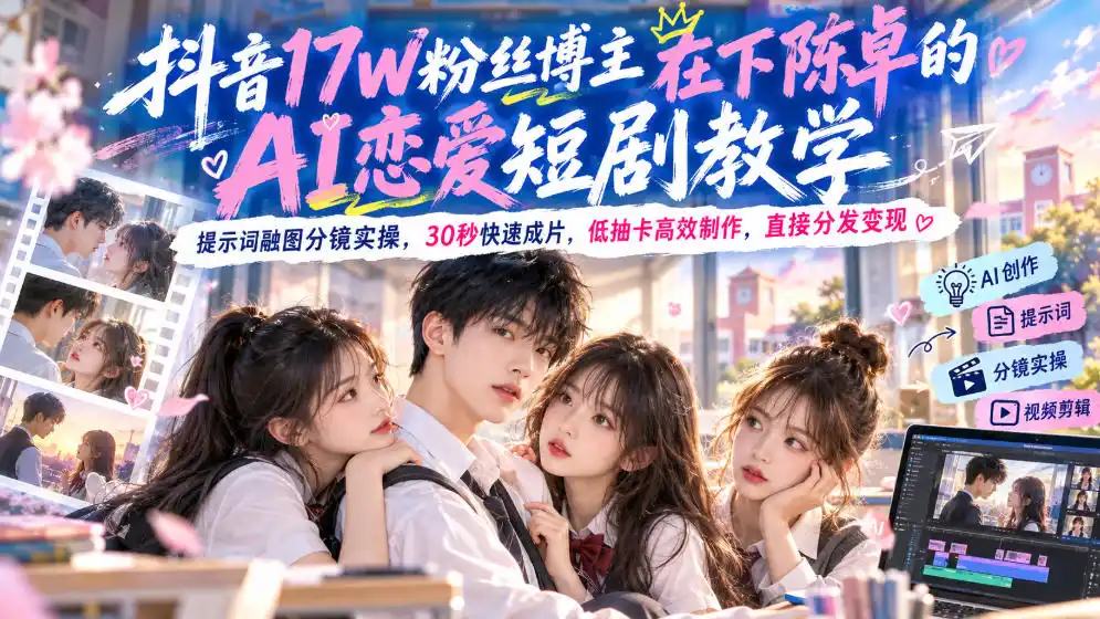 抖音17W粉丝博主在下陈卓的AI恋爱短剧教学，提示词融图分镜实操，30秒快速成片，低抽卡高效制作，直接分发变现-资源联盟