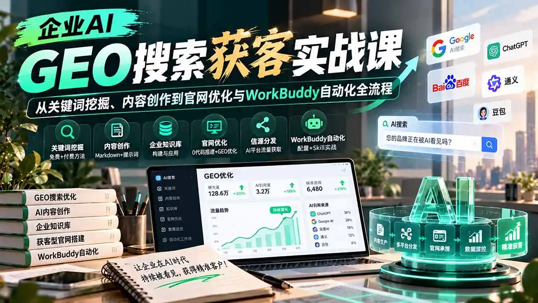 企业AI GEO搜索获客实战课：从关键词挖掘、内容创作到官网优化与WorkBuddy自动化全流程-资源联盟