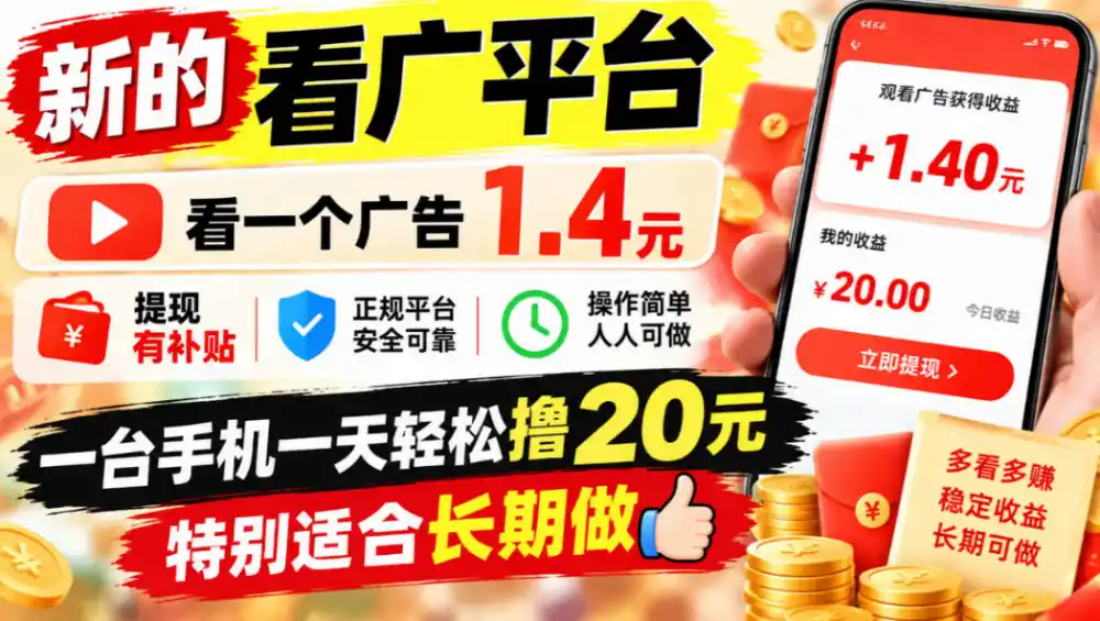 一个新的看广平台，看一个广告1.4元，提现有补贴,一台手机一天轻松撸20+，特别适合长期做【揭秘】-资源联盟