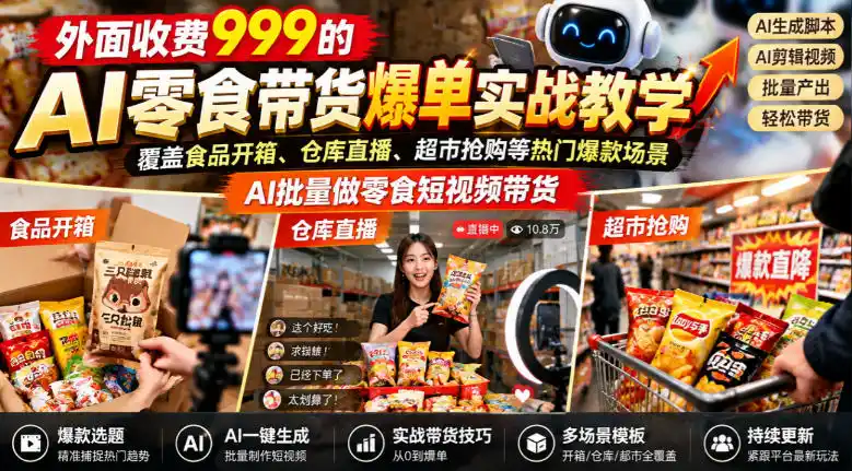 外面收费999的AI零食带货爆单实战教学，覆盖食品开箱、仓库直播、超市抢购等热门爆款场景，AI批量做零食短视频带货-资源联盟