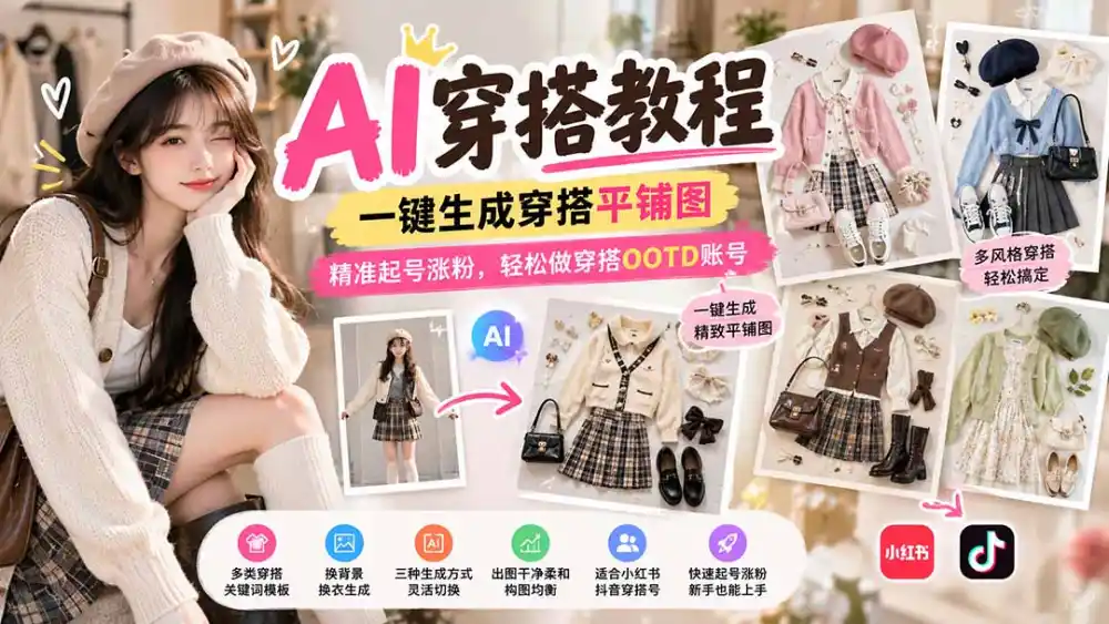 【无水印】AI穿搭教程｜一键生成穿搭平铺图，精准起号涨粉，轻松做穿搭OOTD账号-资源联盟