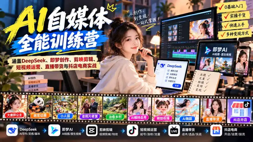 【无水印】AI+自媒体全能训练营：涵盖DeepSeek、即梦创作、剪映剪辑、短视频运营、直播带货与抖店电商实战-资源联盟