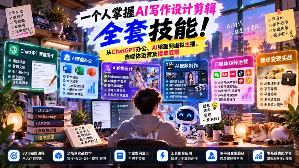 一个人掌握AI写作设计剪辑全套技能：从ChatGPT办公、AI绘画到虚拟主播、自媒体运营及接单变现-资源联盟
