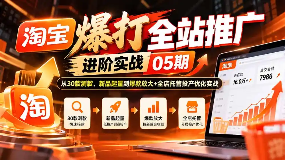 淘宝爆打全站推广进阶实战05期：从30款测款、新品起量到爆款放大+全店托管投产优化实战-资源联盟