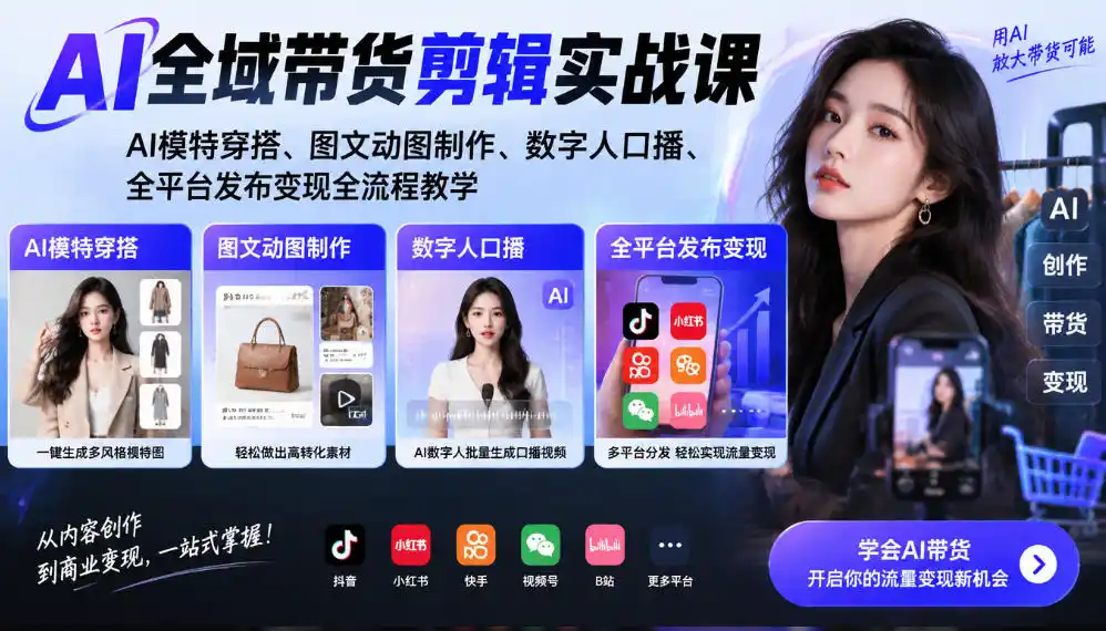 AI全域带货剪辑实战课｜AI模特穿搭、图文动图制作、数字人口播、全平台发布变现全流程教学-资源联盟