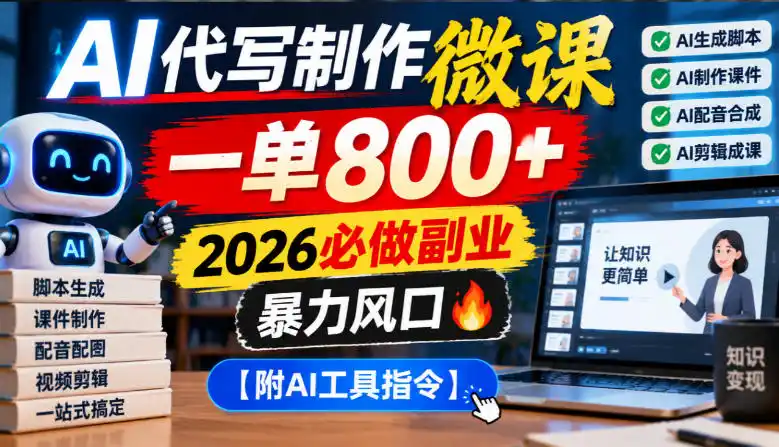 AI代写制作微课，一单800+，2026必做副业，暴力风口【附AI工具指令】【揭秘】-资源联盟