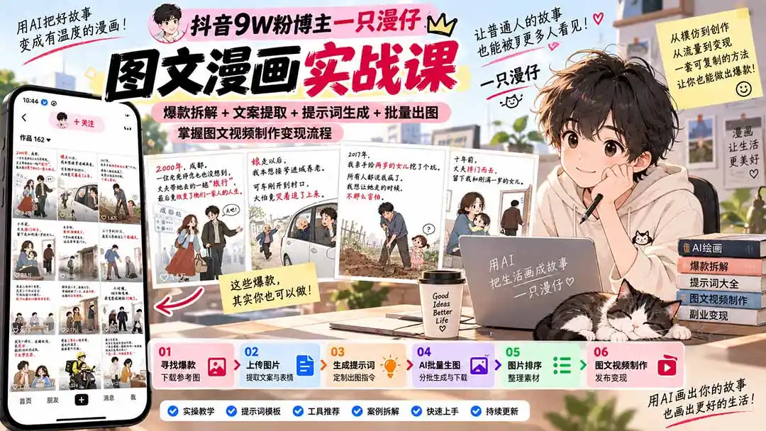 抖音9W粉博主一只漫仔图文漫画课：爆款拆解+文案提取+提示词生成+批量出图，掌握图文视频制作变现流程-资源联盟